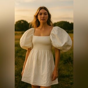 Tuckernuck White Linen Puff‎ Sleeve Smocked Top Size M